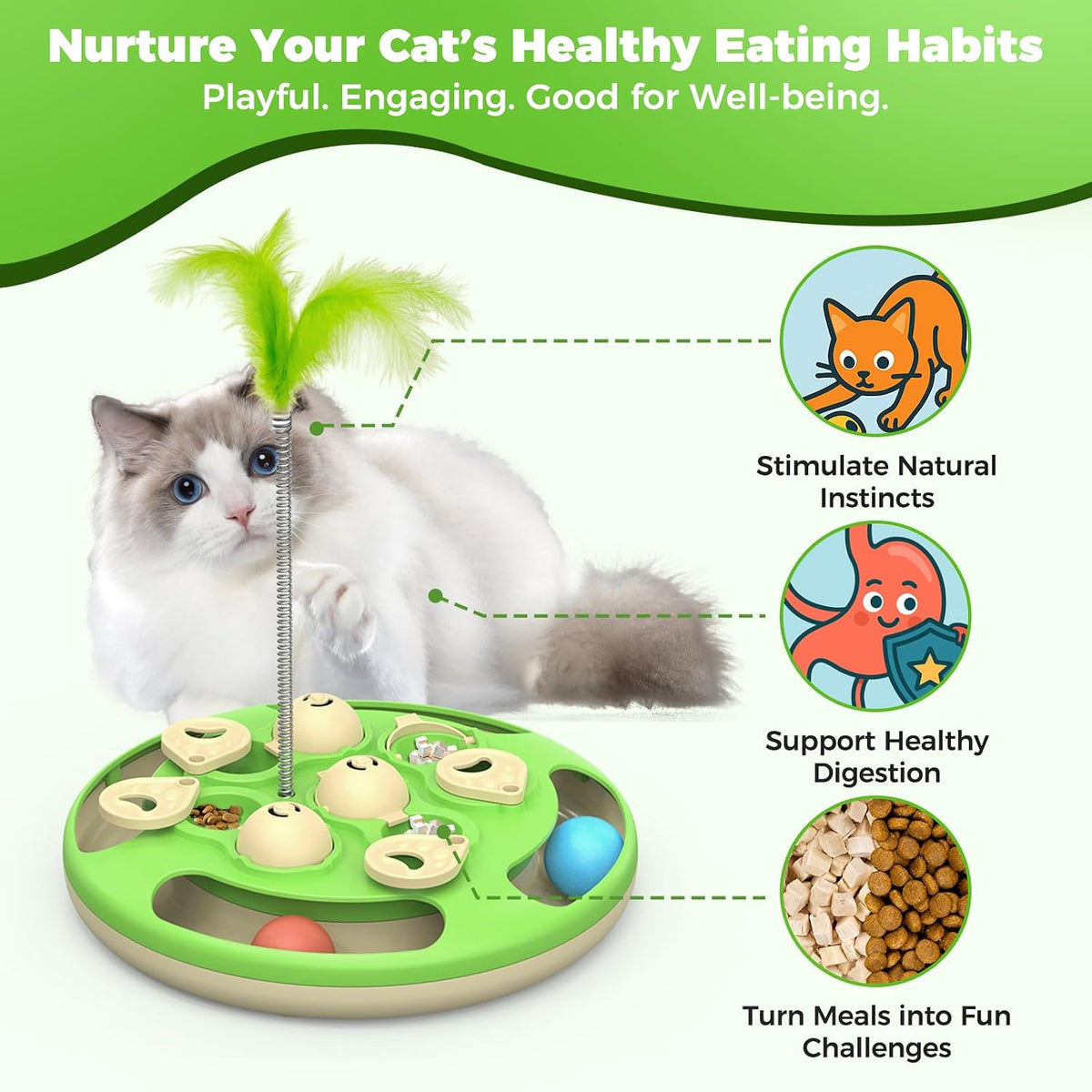 Cat Puzzle Feeder Toy, 3 in 1 Interactive Slow Feeder for Cats, Green