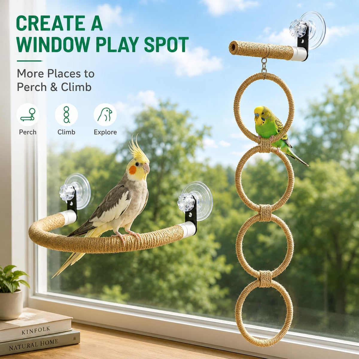 Bird Window Perch with Climbing Rings and Suction Cups for Parrots
