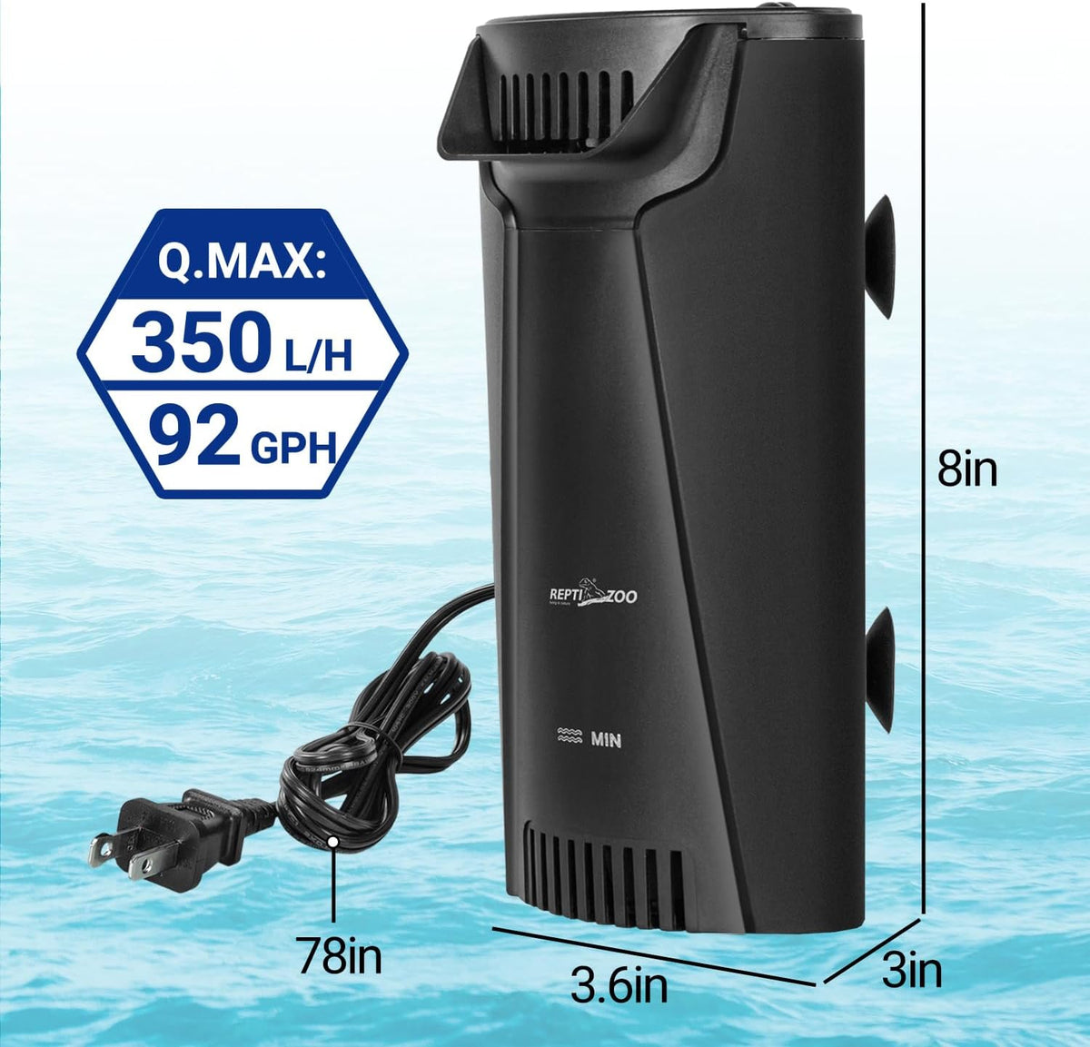 Reptizoo Turtle Tank Quiet Internal Filter - 92GPH Aquarium Corner Filter with 3-Stage Bio-Filtration, Flow Adjustable for Turtle/Fish Tank