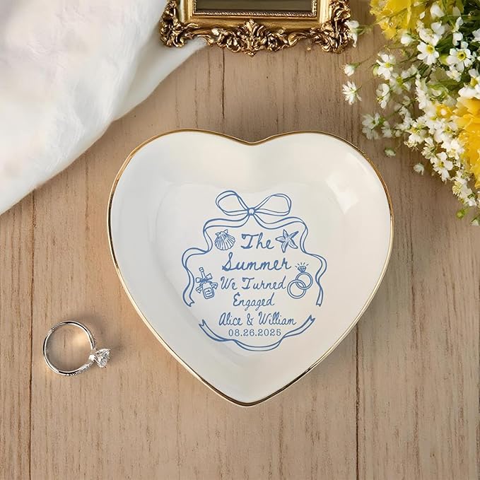 Personalized Ring Dish Engagement Gift, Whimsical Doodle Engaged Ring Holder - Image 3