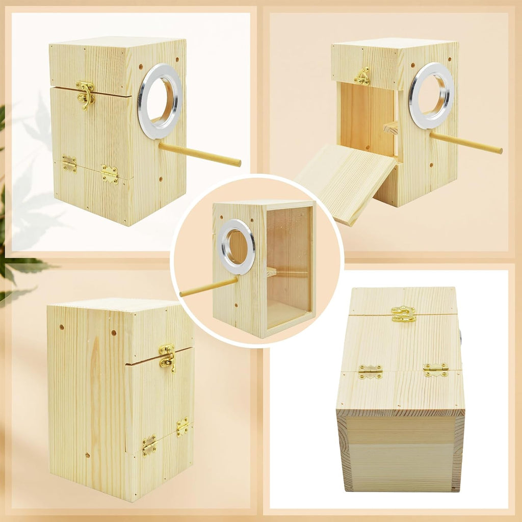 Parakeet Nesting Box,Transparent Bird Nest Boxs Natural Wooden Breeding Box with Coconut Fiber,Birds Cage House with Perch for Canary Budgies Gouldian Finch Cockatiel Conure and Other Small Birds