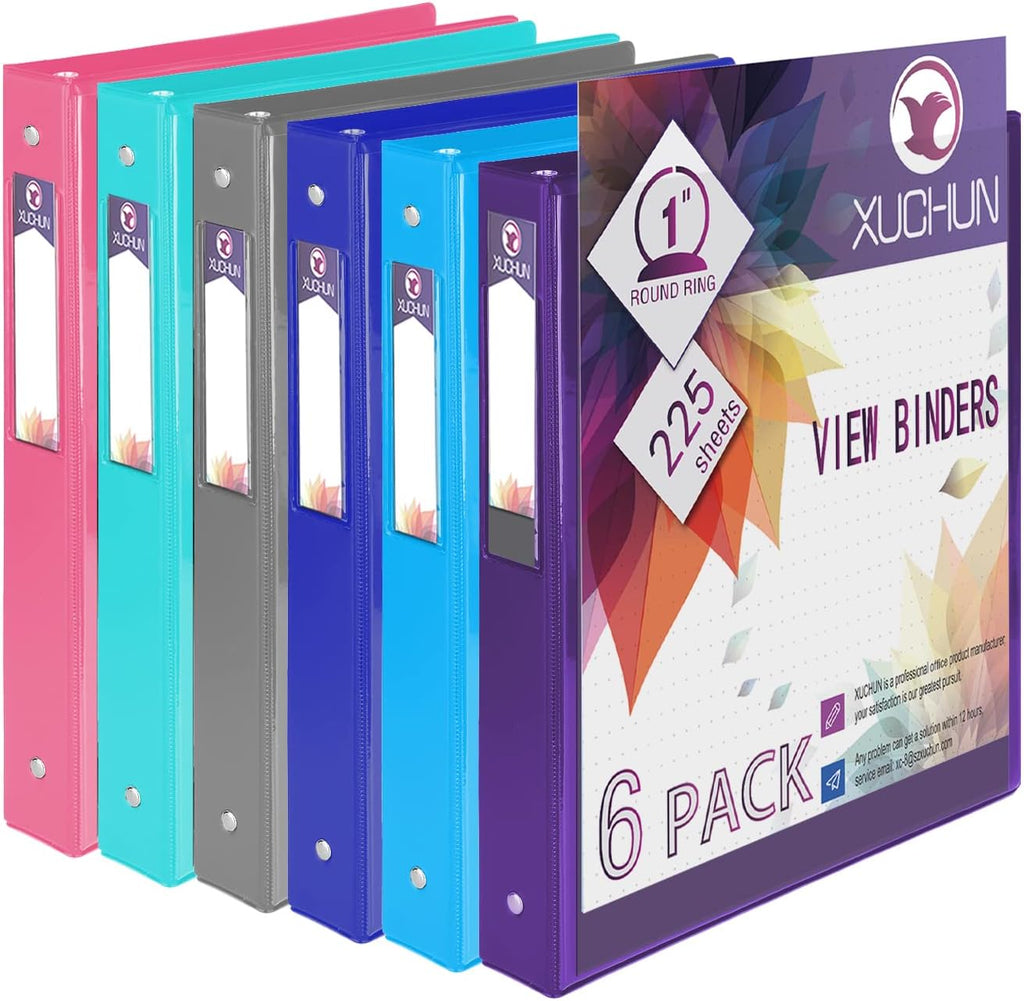 XUCHUN 3 Ring Binders 1 Inch,Clear View Binder with 2 Pockets, Holds 225 Sheets 8.5x11 Inches Paper, Customizable Cover & Spine,Binders for Office, School, Home, Business,6 Pack