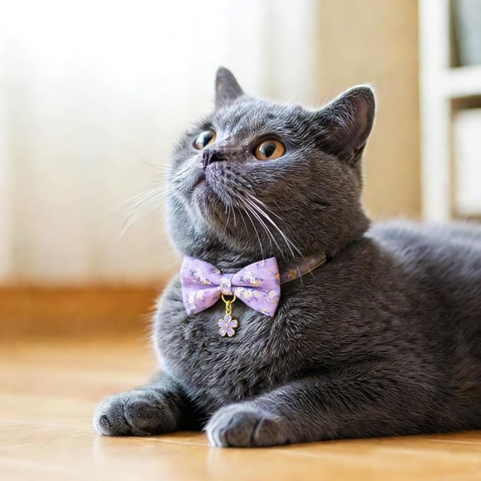2 Pack Floral Cat Collars with Bow Tie and Bell Adjustable Breakaway Bowtie - Image 5