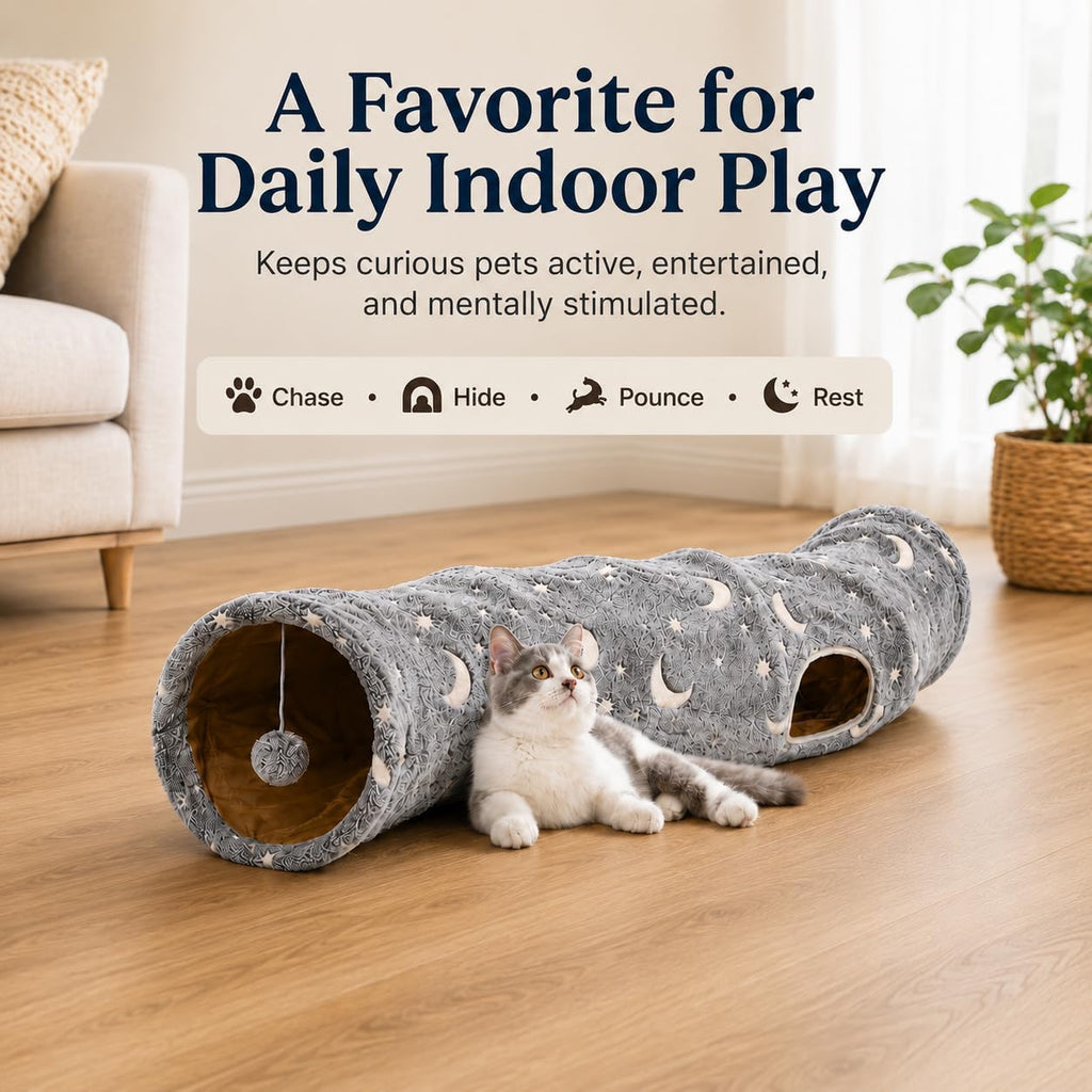 S-Shape Cat Tunnel Glow in the Dark, Grey Moon Star Pattern