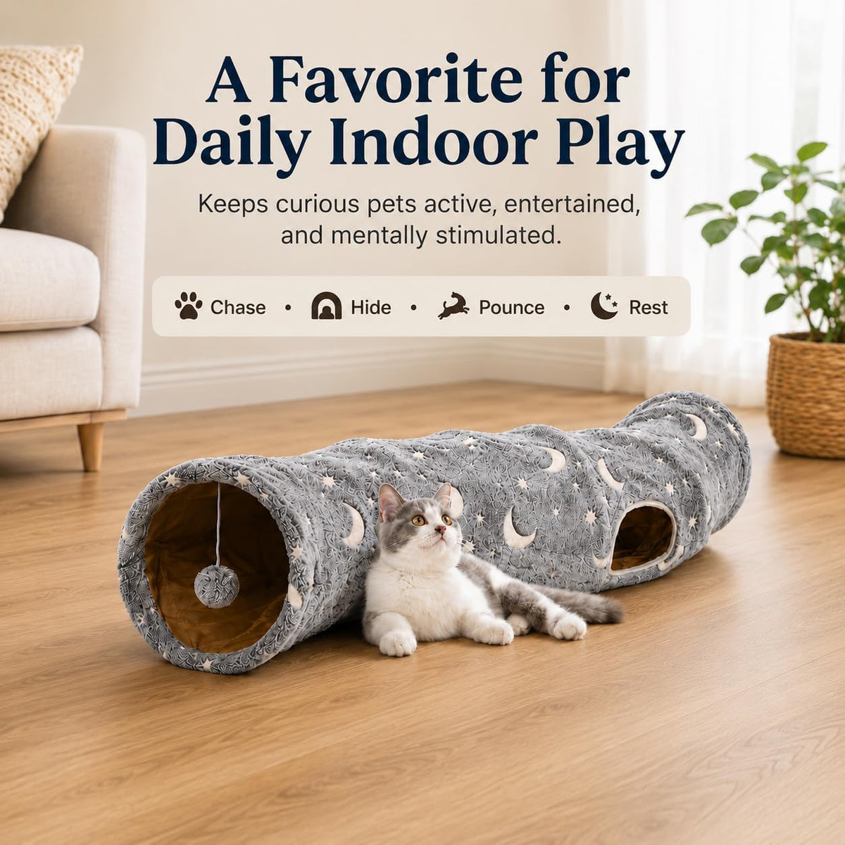 S-Shape Cat Tunnel Glow in the Dark, Grey Moon Star Pattern
