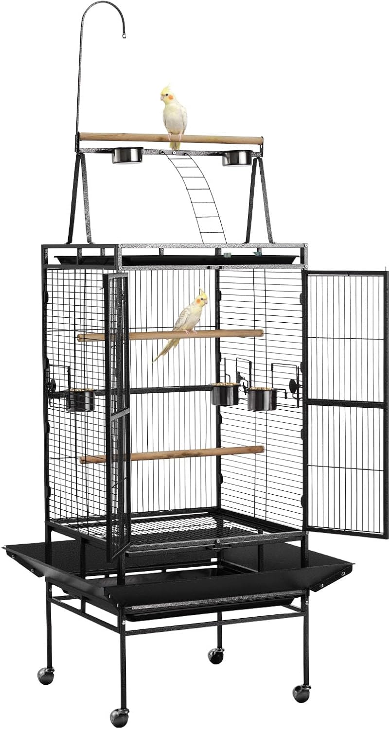 VEVOR Bird Cage, 32.7 x 31.1 x 82.7 inch, Open Flat Top, Wrought Iron Bird Flight Cage with Perches, Slide-Out Tray, Plastic Feeders, for Cockatiel, Monk Parakeet, Amazon Parrot, African Grey Parrot