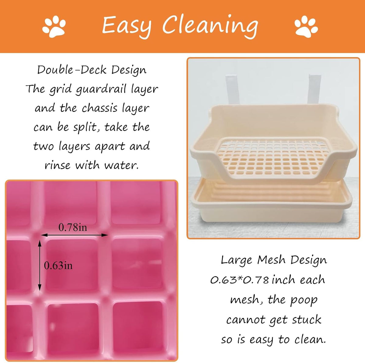 PINVNBY Large Rabbit Litter Box Deep Bunny Corner Toilet Box Double-Deck Small Animal Potty Trainer with Hooks for Adult Guinea Pig Chinchilla Ferret Chipmunk (Pink)
