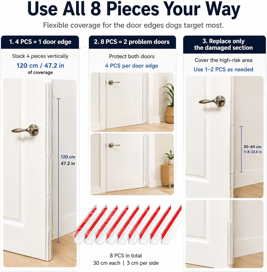 Door Frame Protector Dog Chewing: 8 Pack Clear PC L-Shaped Door Edge Guards, Self-Adhesive Door Gap & Jamb Protector for Dogs Scratching, Chewing, Clawing, 11.8 x 1.18 in Each Side (8, 11.8inch)