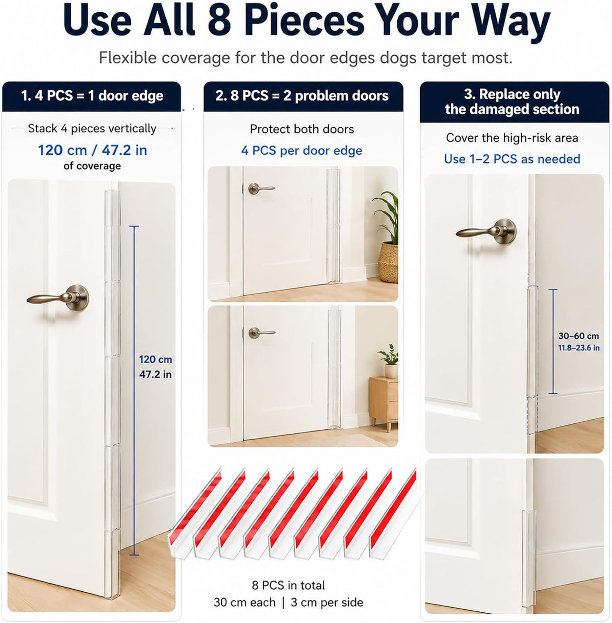 Door Frame Protector Dog Chewing: 8 Pack Clear PC L-Shaped Door Edge Guards, Self-Adhesive Door Gap & Jamb Protector for Dogs Scratching, Chewing, Clawing, 11.8 x 1.18 in Each Side (8, 11.8inch)