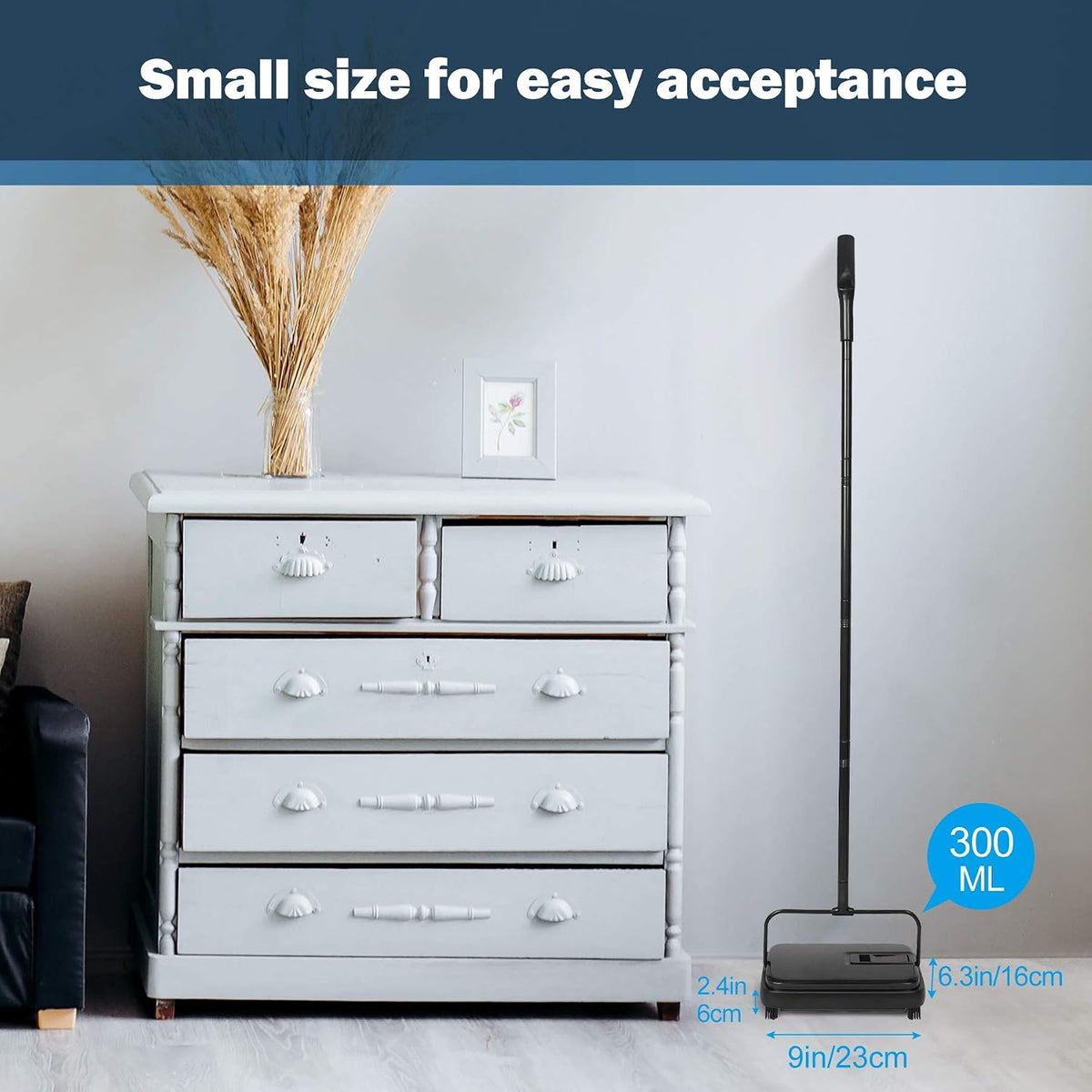 Eyliden Carpet Sweeper, Mini Size, Manual Sweeping, Black