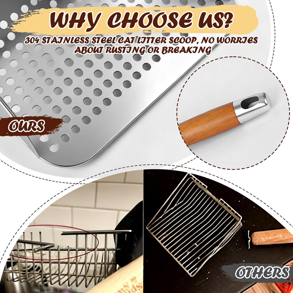 Large Cat Litter Scoop 304 Stainless Steel Rust Proof, Sifting Litter Box Scooper with Wood Handle, Curved Design for Easy Cleaning, Dual Sifter Holes cat Litter Shovel