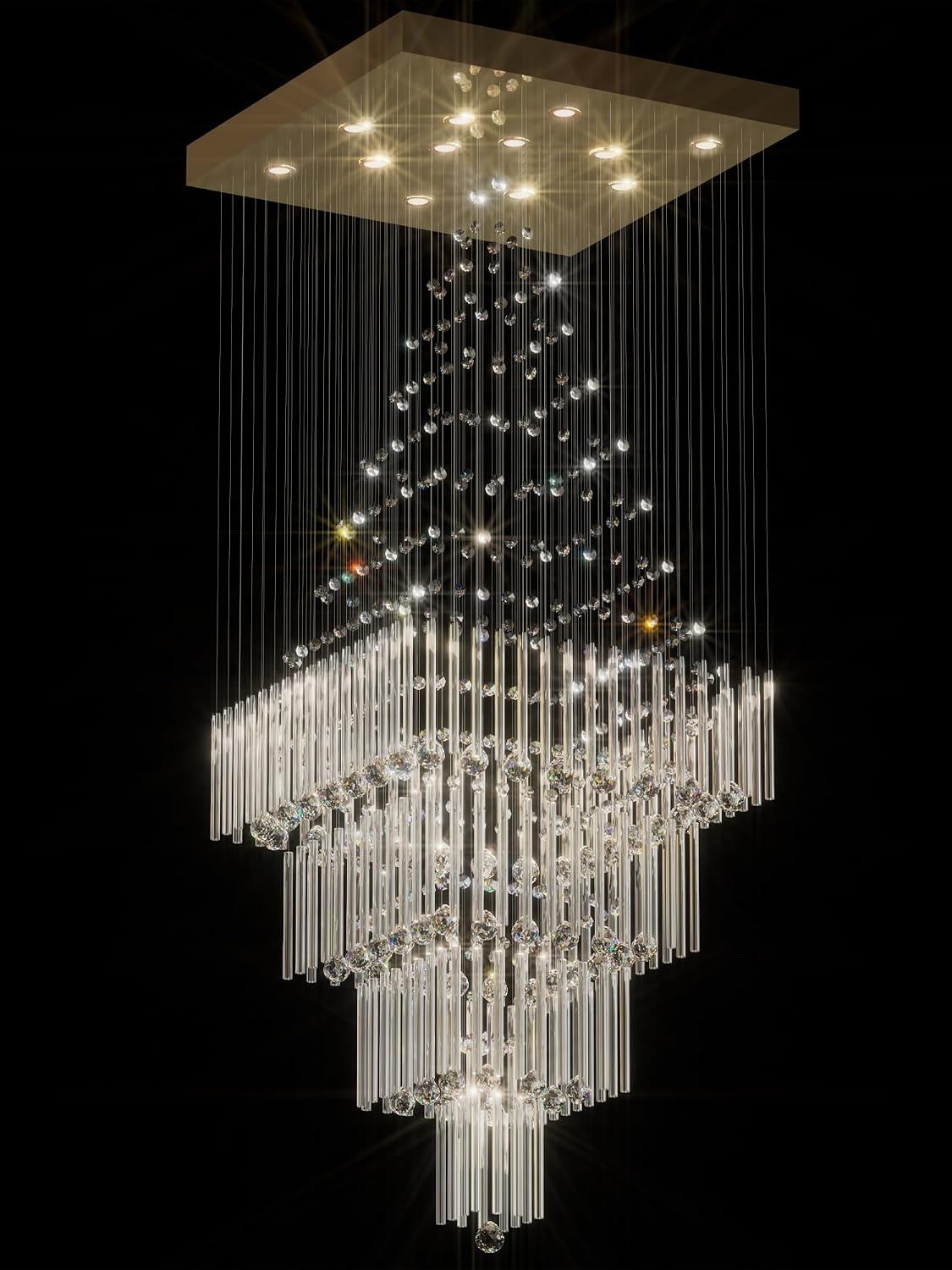 Flashing God D32''X H79'' Extra Large Chandeliers for High Ceilings Square Crystal Raindrop Gold Chandeliers Large Villa Chandelier Entrance Foyer Ceiling Light LED Dimmable 2700K-6000K