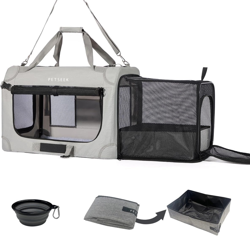 Extra Large Expandable Cat Carrier Soft Sided for Car, Portable Small Dog Carrier for 2 Cats, 24"x16.5"x16" Road Travel Folding Comfortable Design with Litter Box and Bowl
