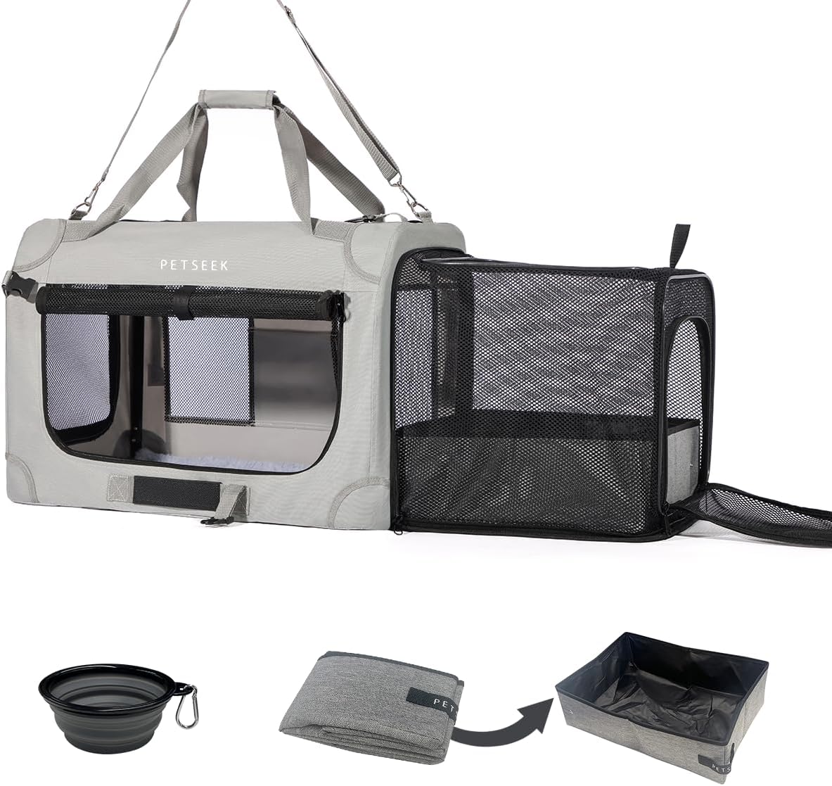 Extra Large Expandable Cat Carrier Soft Sided for Car, Portable Small Dog Carrier for 2 Cats, 24"x16.5"x16" Road Travel Folding Comfortable Design with Litter Box and Bowl
