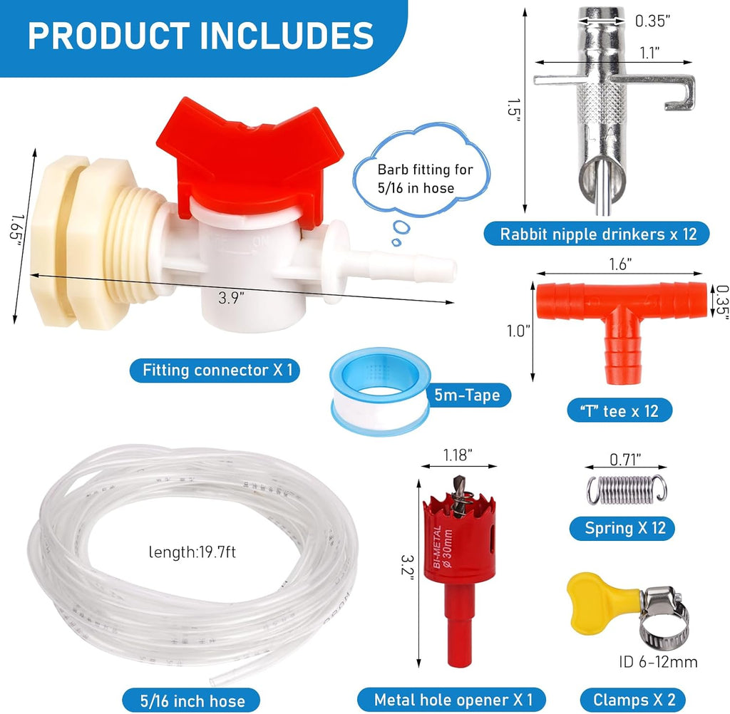 Automatic Rabbit Watering System Kit Rabbit Water Dispenser Include 12 Nipple Drinker, Hose, Connector, Hole Opener, Small Animal Water Feeder (Silver, 12 Nipple Drinker Kit)