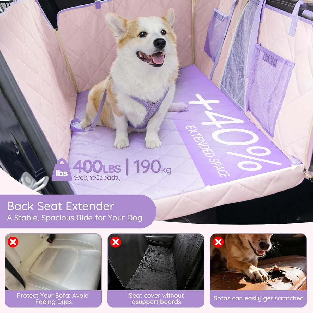 BELLA & PAL Hard Bottom Backseat Cover for Dogs in Car, Back Seat Extender