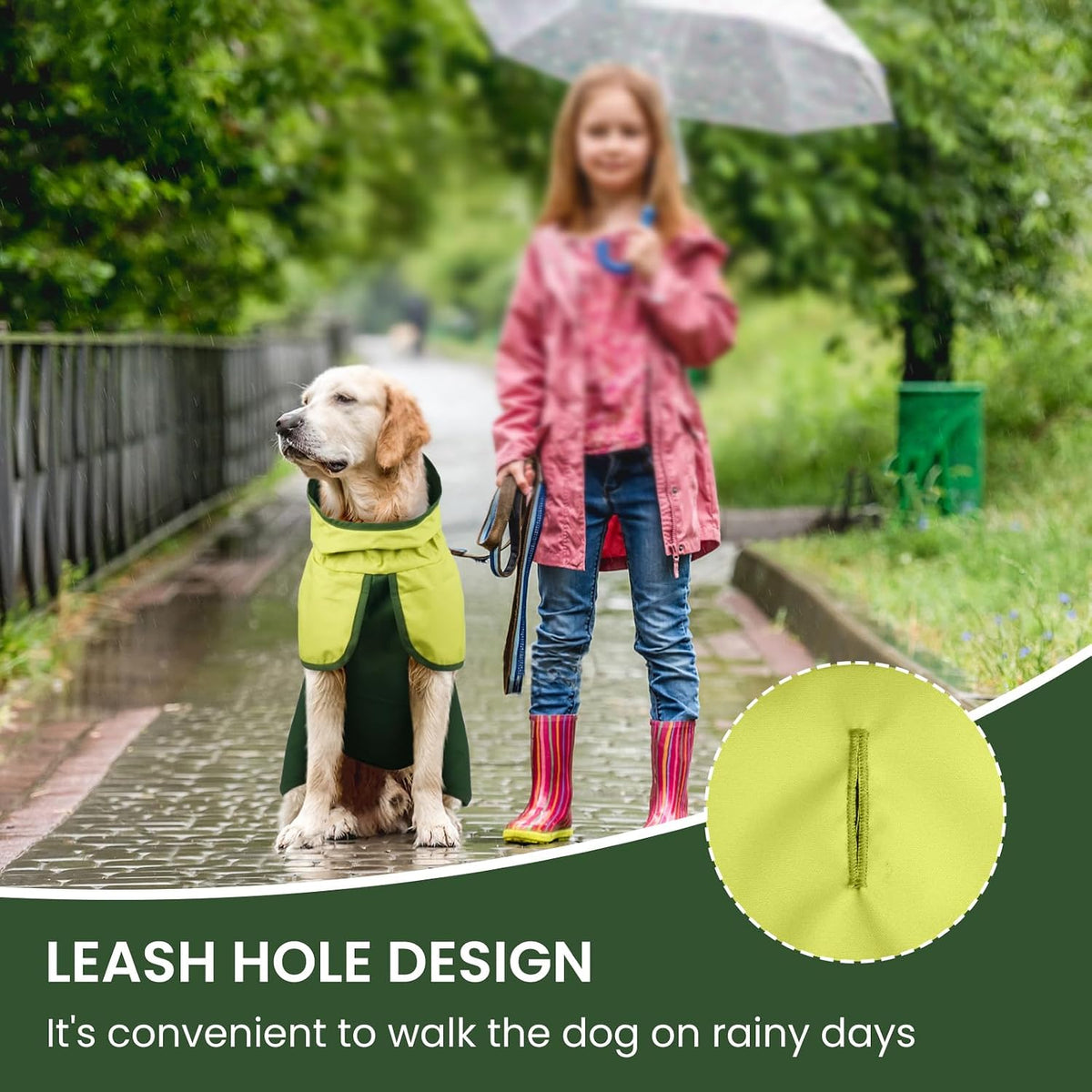 BRKURLEG Dog Raincoat, Waterproof Rain Jacket with Hood, Green, L