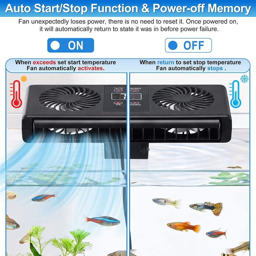 Aquarium Auto Temperature Control Chiller Fan Ultra-Quiet Fish Tank Cooler Fan Cooling Effect 3-8°F with Temperature Probe & LCD Display for Axolotl Betta Aquariums