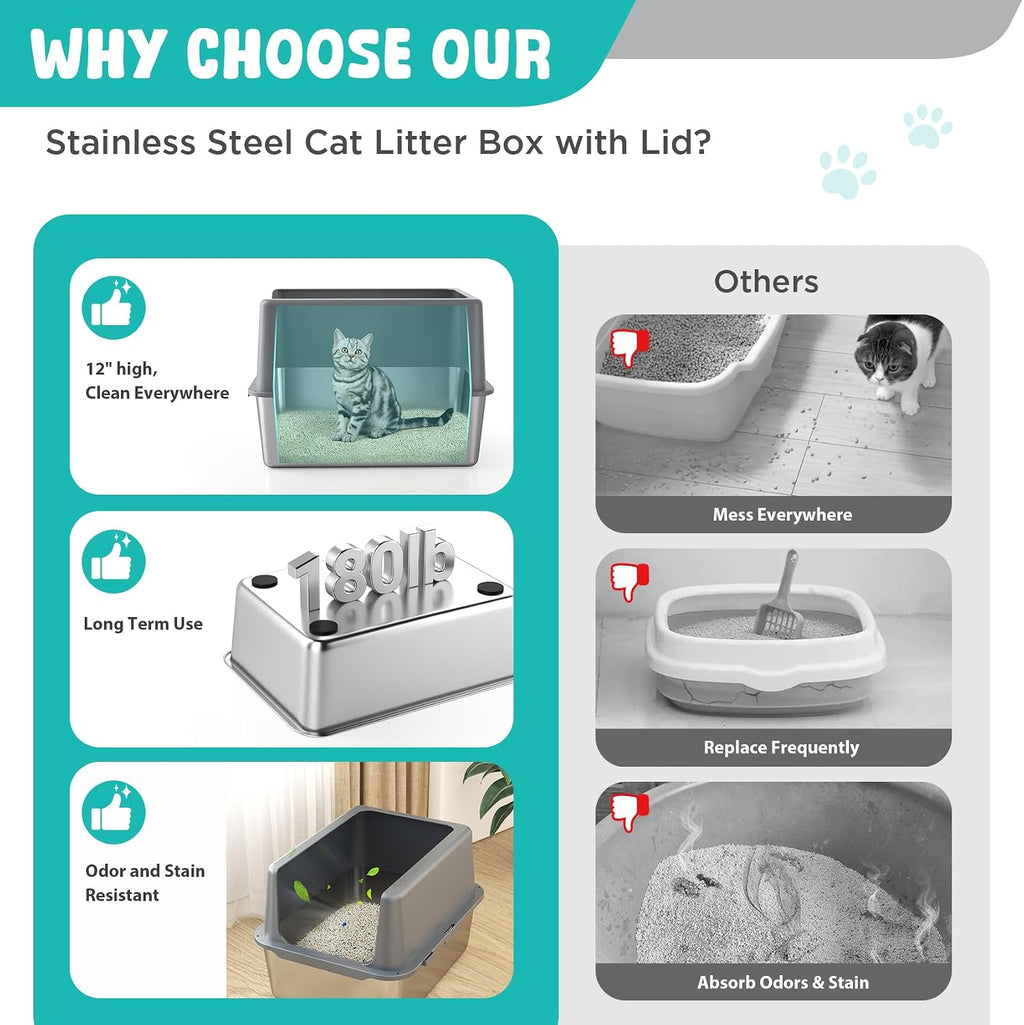 Litter Box with Lid, Stainless Steel Cat Litter Box, 12" High, Grey