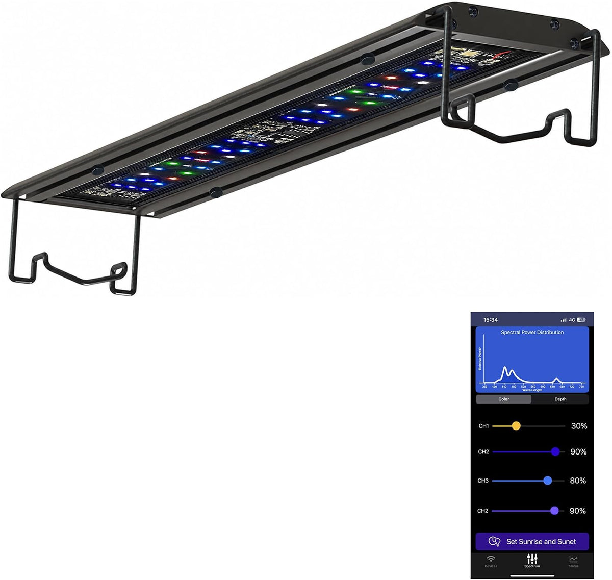 Wing 2S4 Series Reef Light for Coral Saltwater Marine Fish Tank Smart LED 84 Watts 4 Channels 48-Inch Strip APP Control Sunrise Sunset Dimmable (48"-54")