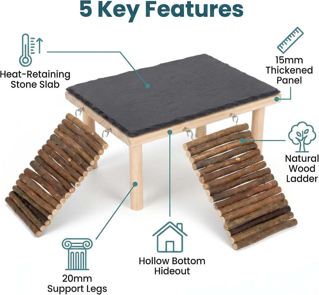 Bearded Dragon Basking Platform, Natural Slate Reptile Basking Rock with Wooden Climbing Ramp, Terrarium Habitat Decor for Lizard, Leopard Gecko, Tortoise, Snake