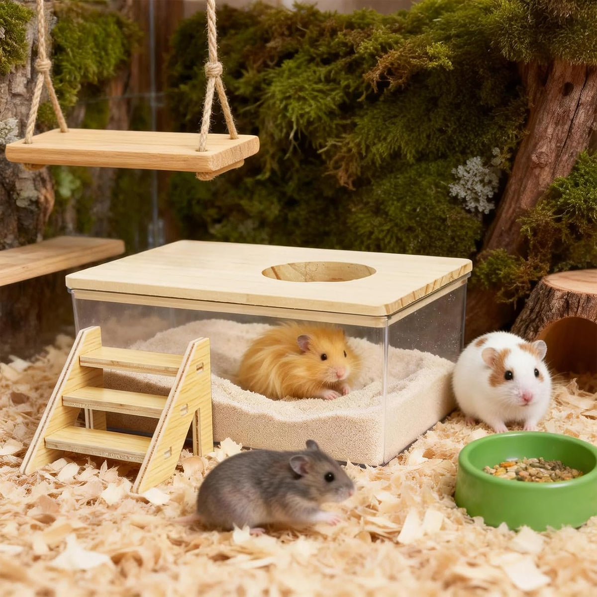 Coloch Hamster Sand Bath Box with Wood Cover, Rectangle Clear Hamster Digging Sand Container with Climbing Ladder Multifunctional Plastic Guinea Pig Bathroom for Small Animals
