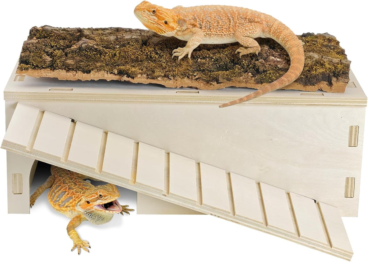 Bearded Dragon Basking Platform,Wood Reptile Hide Cave with Bark(L)