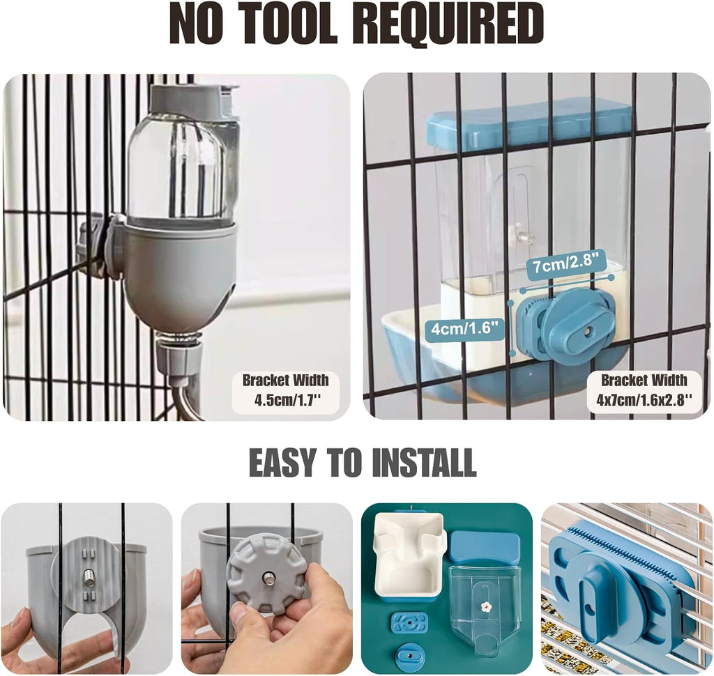 Automatic Pet Food Water Dispenser, Auto Gravity Pet Feeder Water Bottle Set for Crate Cage, Feeding Station for Small Dog Cat Rabbit Guinea Pigs Chinchilla Ferret Hedgehog (Blue)