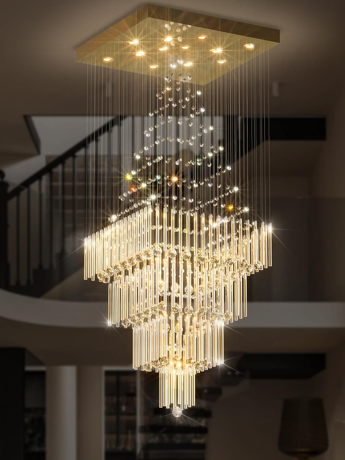 Flashing God D32''X H79'' Extra Large Chandeliers for High Ceilings Square Crystal Raindrop Gold Chandeliers Large Villa Chandelier Entrance Foyer Ceiling Light LED Dimmable 2700K-6000K