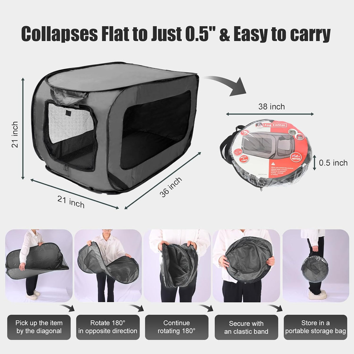 Foldable 36" Dog Crate for Medium Dogs, Portable Waterproof Pop-Up Pet Kennel with Zipper, Collapsible Lightweight Indoor Outdoor Travel Cage with Tie-Down Straps & Ground Nails (Grey)