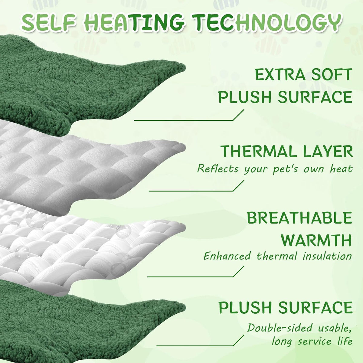 3Pack Self Warming Pet Bed Leaf Pad, Dark Green, Medium-18 x24