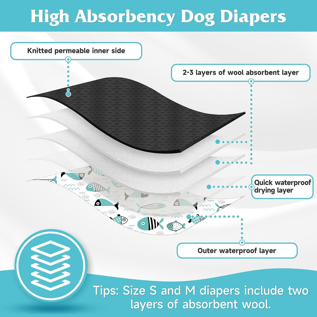5 Pack Reusable Diapers for Doggie, Washable Dog Diapers Female for Pet in Heat, Small Dog Diapers Female, Ocean