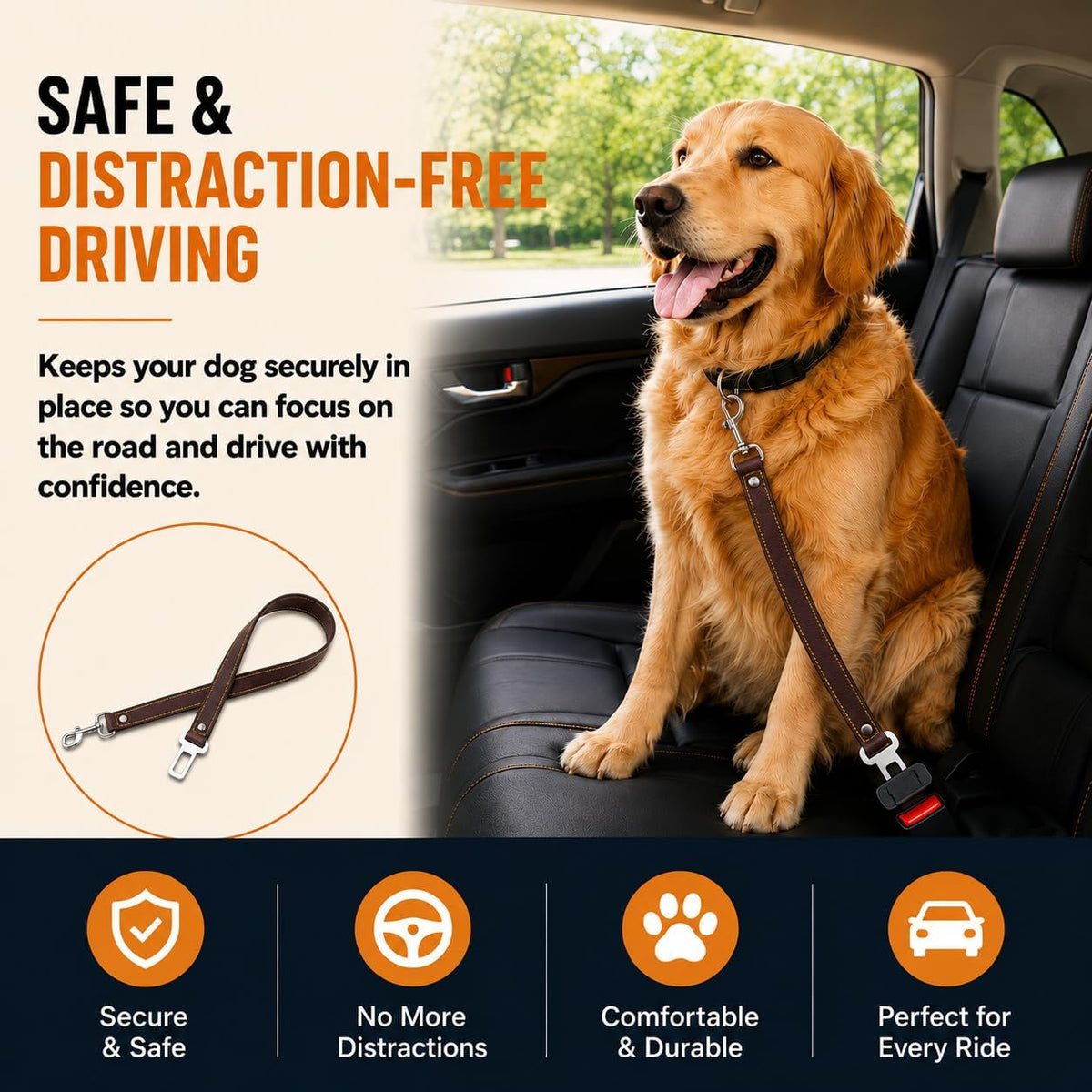 DowgClub Genuine Leather Dog seat Belt for car, Safe Distraction Free Driving, Heavy-Duty Design with Military Grade Hardware, Harness for Small, Medium and Large Pets (Black, 30")
