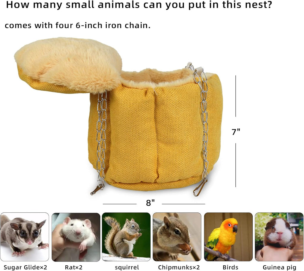 Rat Bed, Sugar Glider Hammock, Rat Bed for Cage, Guinea Pig Hanging Basket Warm Bed, Sugar Glider Pouch Hanging Bed, Small Animals Removable Nest Mat for Hamster, Syrian Hamster (Yellow)