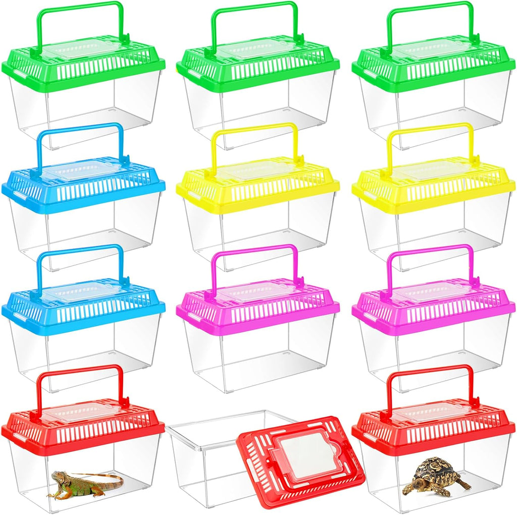 12Pcs Plastic Reptile Terrariums Carrier Cage, Tarantula Enclosure Snake Breeding Box Hatching Container Transparent Fish Tank Turtle Aquarium with Random Color Lid for Shrimp, S(5.9" x 3.5" x 4.3")