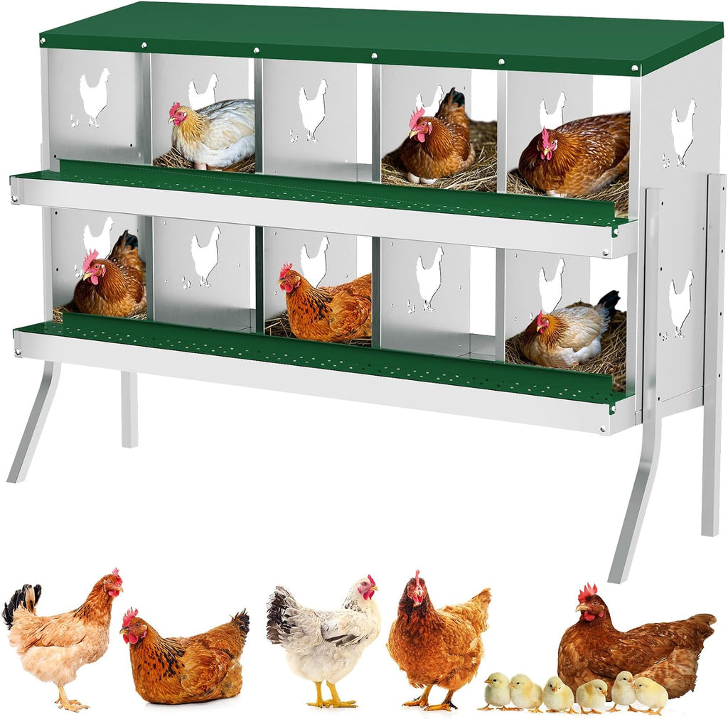 Chicken Nesting Box, 10 Holes Nesting Boxes for Chicken with Bracket Legs, Easy Egg Collection, Easy Cleaning, Chicken Laying Boxes for Chicken Coop Hens, Green