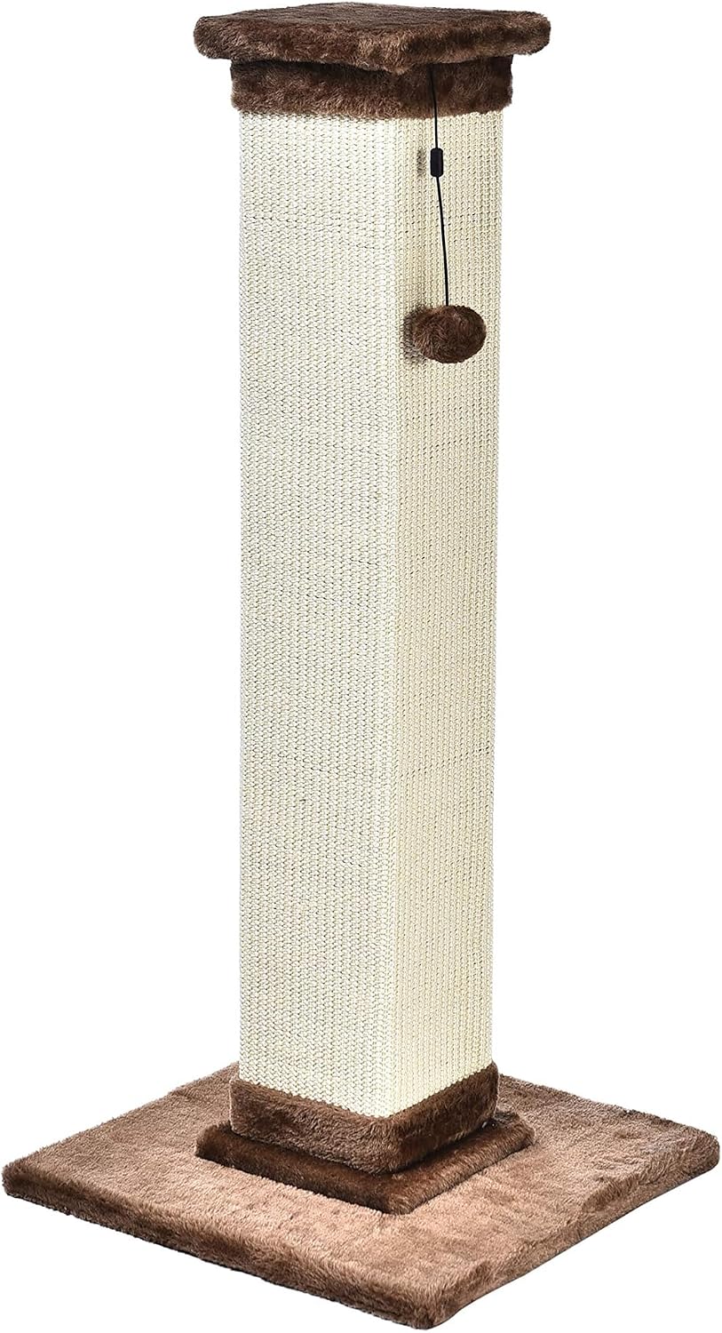 Amazon Basics Cat Scratching Post for Indoor Cats & Kittens, Medium (31.5"H), Cat Furniture with Dangling Ball Toy, Grey