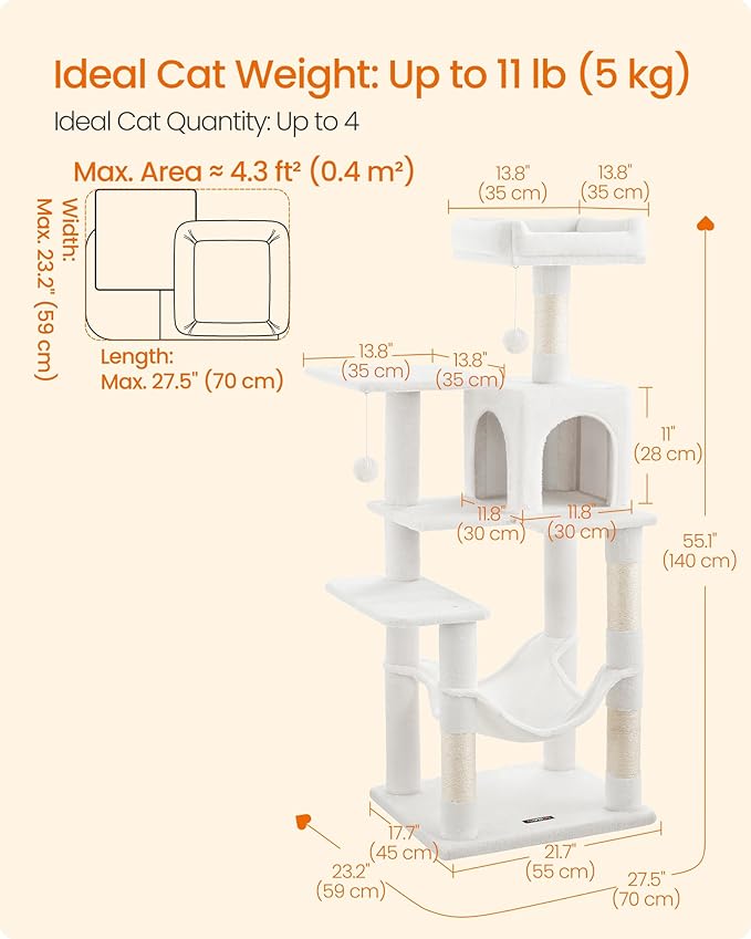 Feandrea Cat Tree, 55.1-Inch Cat Tower, Plush Multi-Level Condo - Image 5