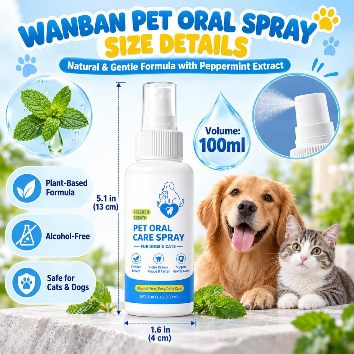 Pet Oral Care Spray, Dog & Cats Dental Spray for Dog Teeth Cleaning, Daily Dog Dental Care Cat Dental Care Solution, Breath Freshener & Plaque Tartar Control, Gum Health Support