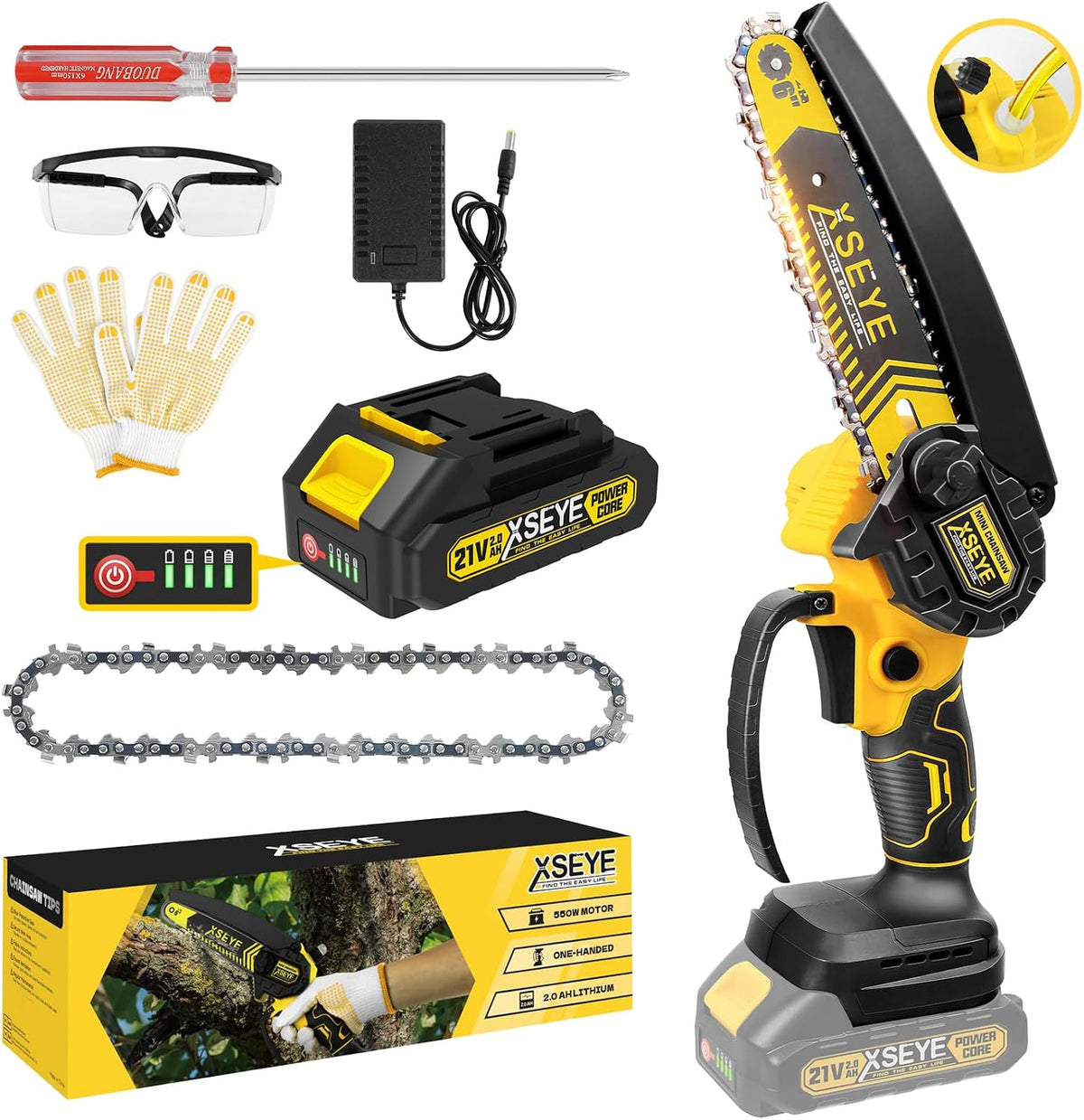 XSEYE 6-Inch Mini Chainsaw Cordless, Handheld Electric Saw with 2 Batteries