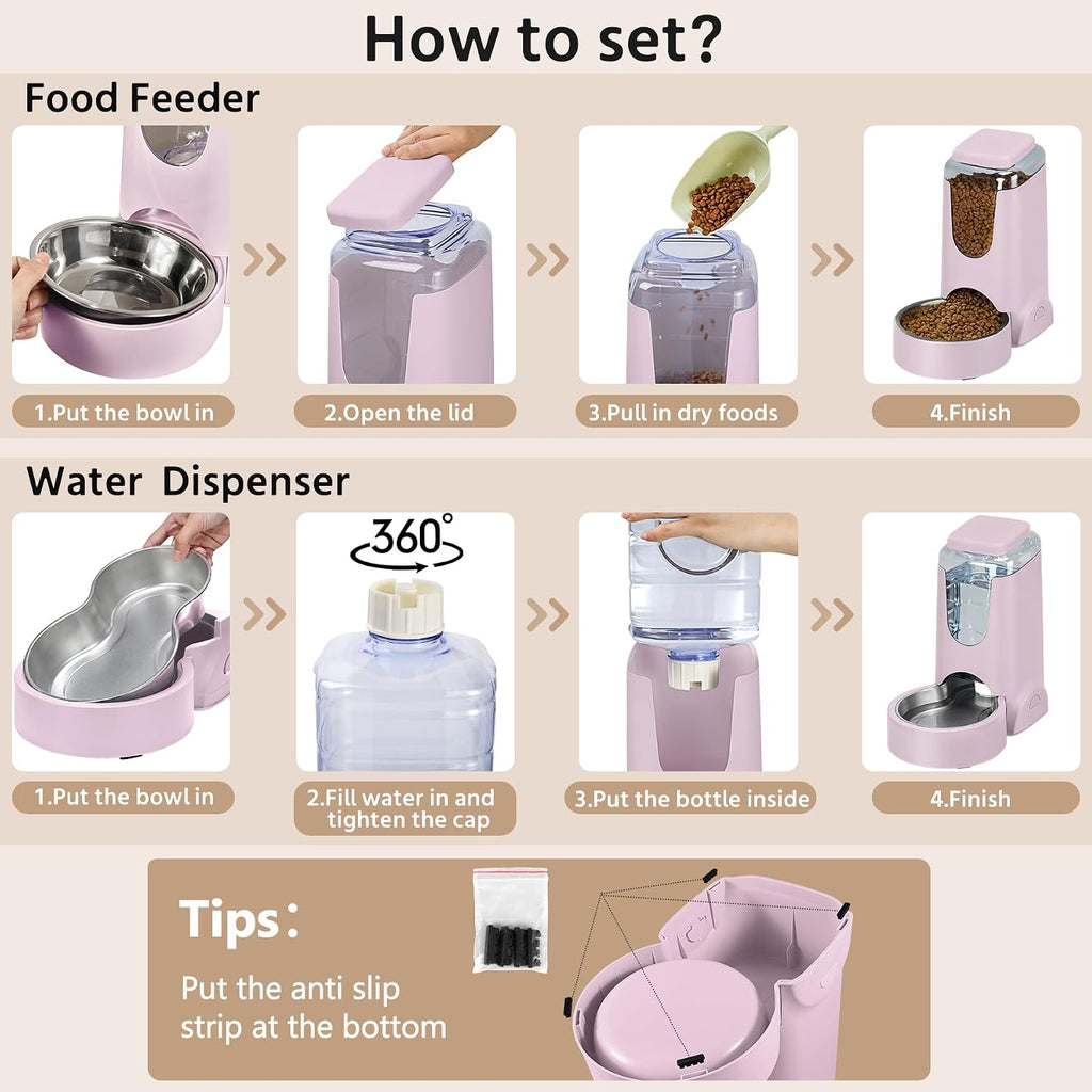 2 Pack Automatic Cat Feeder and Stainless Steel Water Dispenser, Gravity Dog Waterer Set Food Feeder and Waterer Set for Small Medium Kitten Puppy Pets(1 Gallon x 2, Violet)