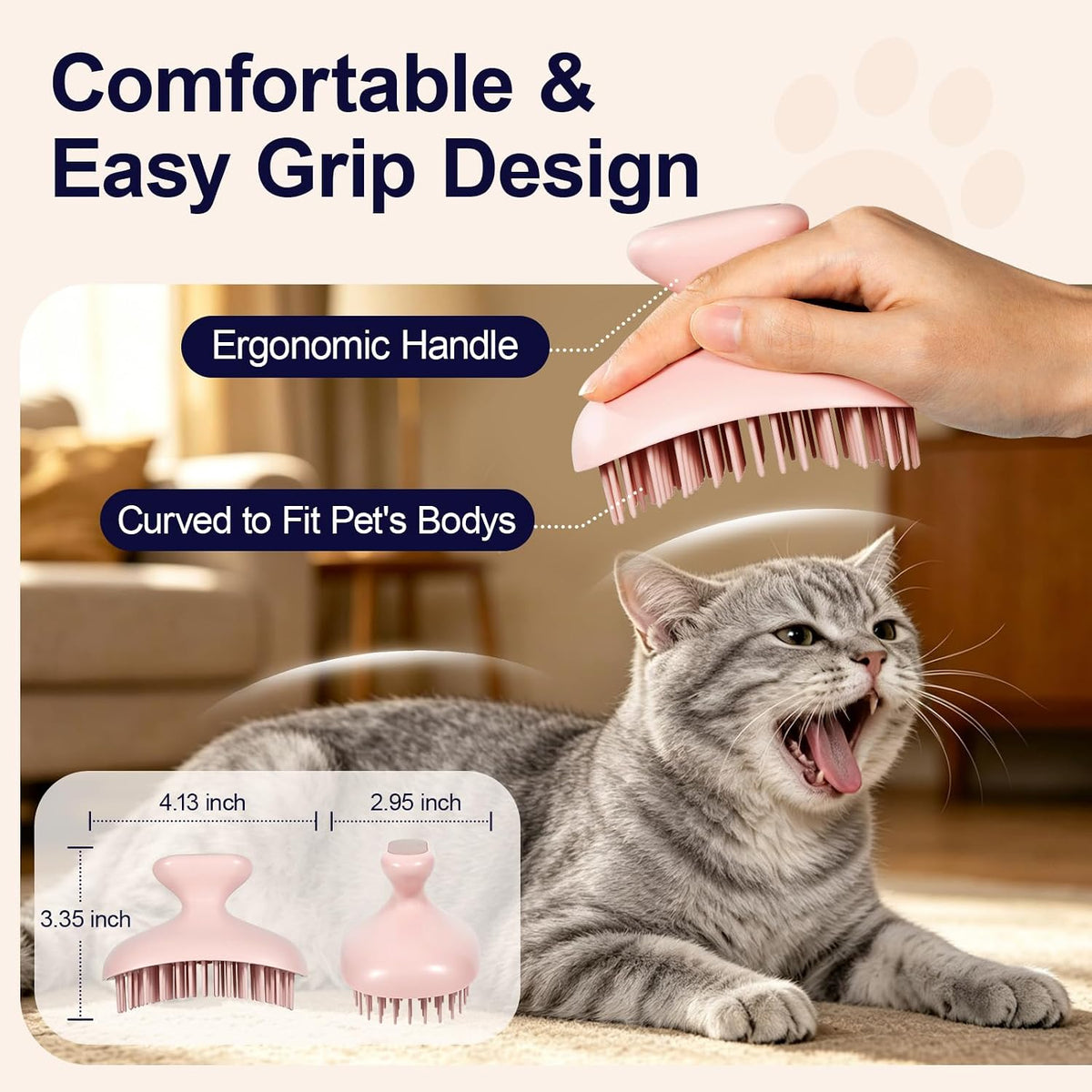 Dog Bath Brush for Grooming & Shedding, Self-Cleaning Pet Scrubber, Pink