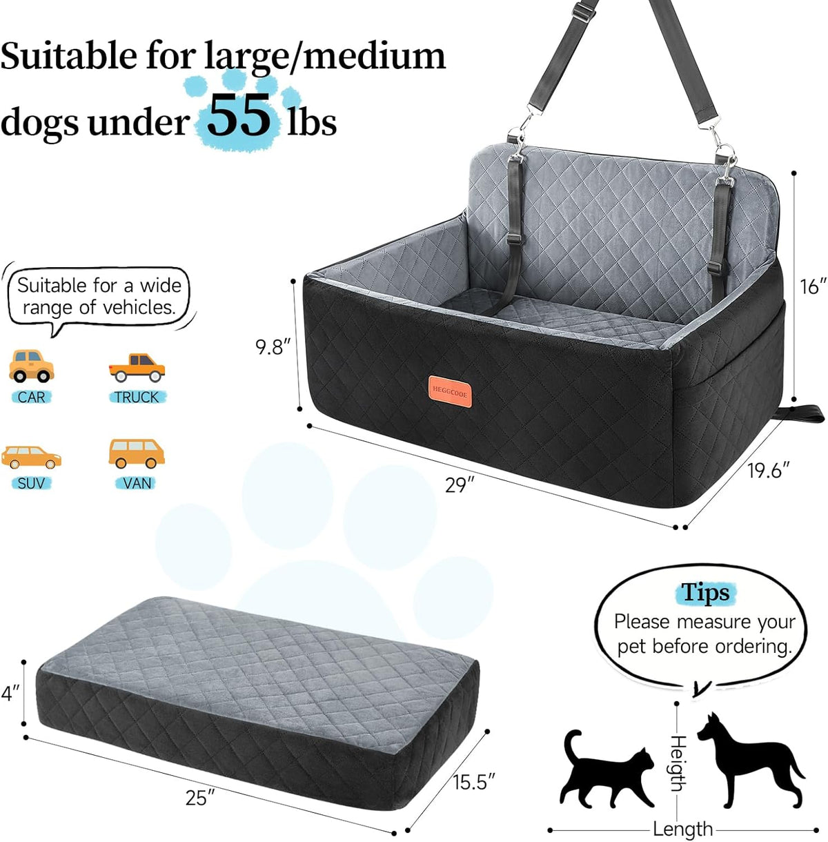 Dog Car Seat for Medium Large Dogs Under 55 lbs, Washable Pet Booster Seat