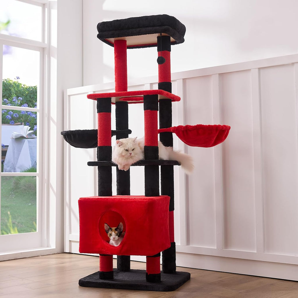 Cat Tree Tower for Large Cats 65 Inch - Heavy Duty Multi-Level Cat Furniture with Extra-Large Condo & Sisal Scratching Posts, Stable Cat Playground for Multiple Cats (Red, 66in)