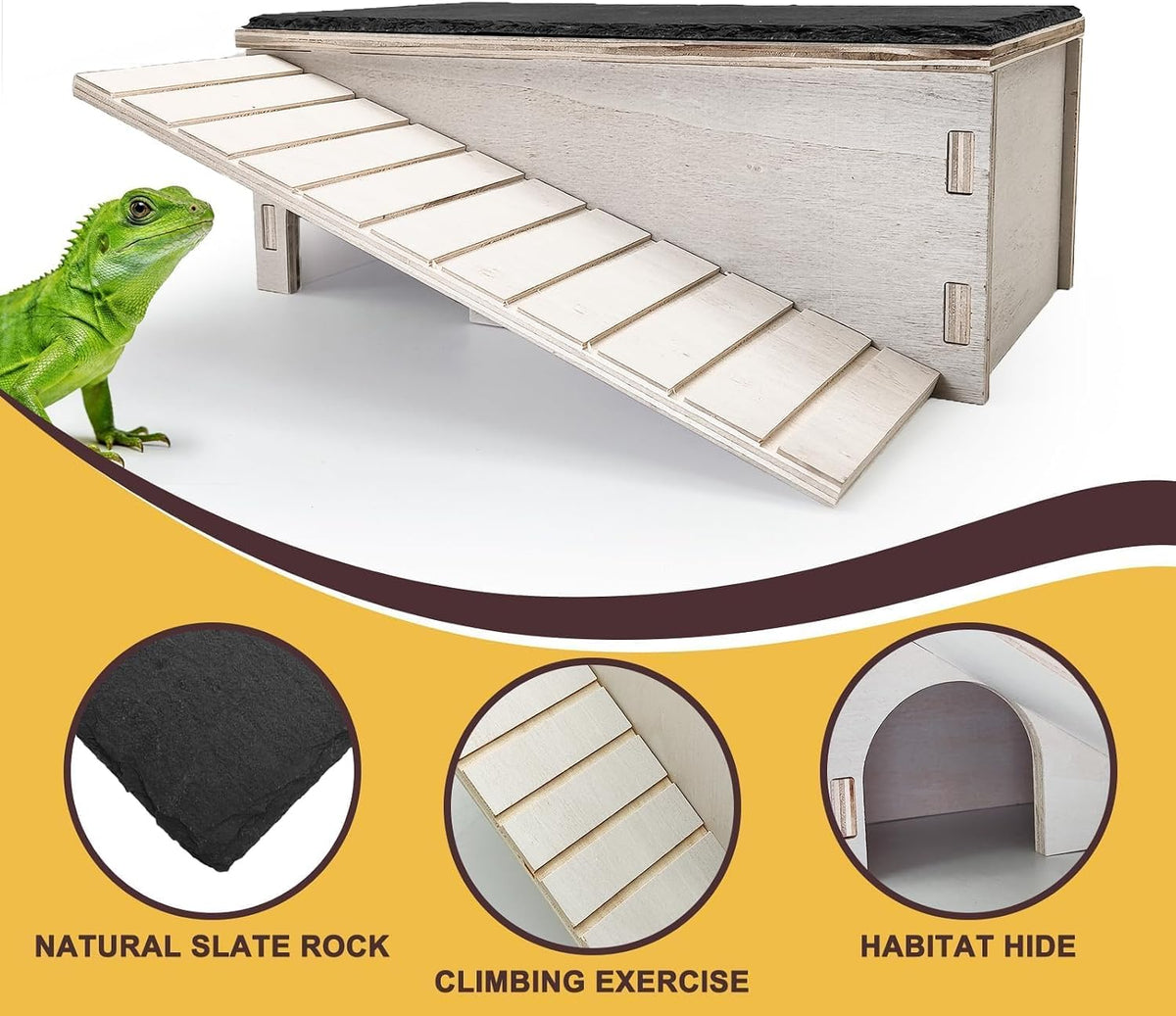 Bearded Dragon Basking Platform,Wood Reptile Hide Cave with Slate Rock,L