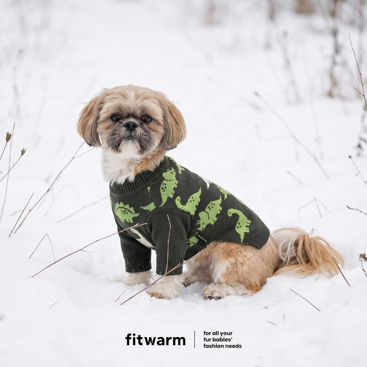 Fitwarm Dinosaur Dog Jacquard Sweater, Knitted Winter Clothes for Small Dogs Boy Girl, Cozy Pet Outfit, Dark Green, Olive, White, Medium