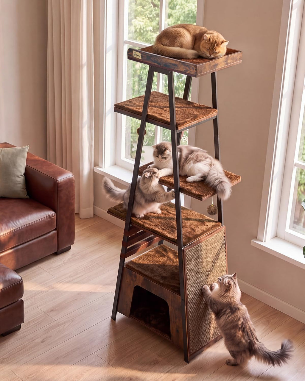 71" Modern Cat Tree for Large Adult Cats, Staggered Platforms