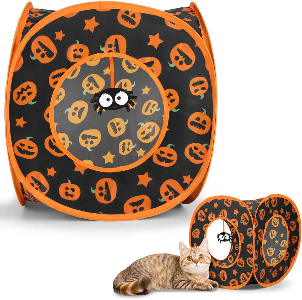 HANABASS Halloween Decorative Cat Tunnel Bed, Pop Up Cat Cube Collapsible Hideouts Play House Cave Tent Haunted House for Indoor Outdoor Kittens