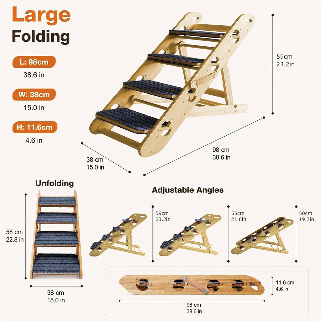 2-in-1 Convertible Dog Ramp & Stairs for Bed/Couch/Sofa, Foldable Pet Ramp Converts to Steps, Adjustable Height with Non-Slip Pad, Lightweight & Sturdy, Helps Senior & Small Dogs Climb Safely(4 Step)
