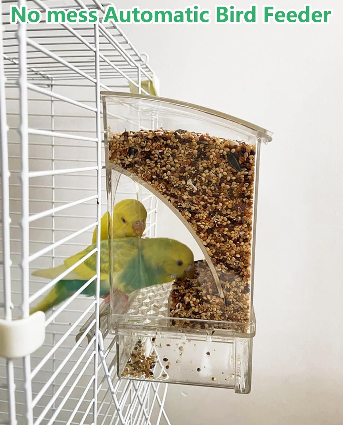 Hamiledyi 2Pcs No Mess Bird Feeder Automatic Bird Cage Feeder Transparent Acrylic Parrot Seed Food Container with Perch for Parakeet Finch Lovebirds Budgies Canary
